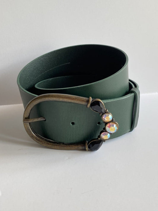 Green leather belt with 'Vintage' buckle